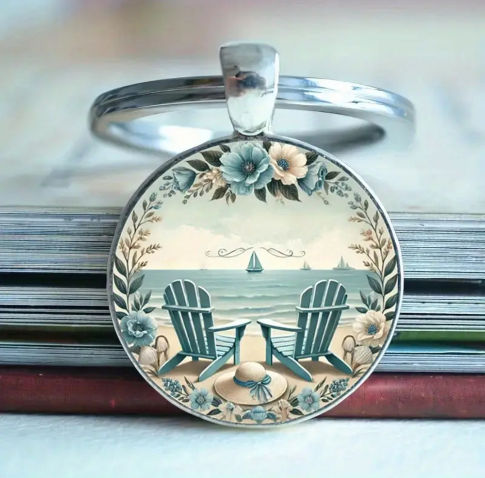 3/$25 Beach Coastal Sail Boat Ocean Waves Sand Adirondack Floral Keychain NEW